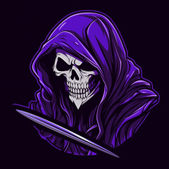 Purple Menace: Skull in Hoodie Wielding a Knife