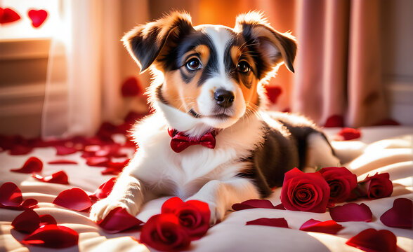 Puppy elegantly draping over a heart-shaped satin pillow, surrounded by scattered rose petals, Valentine's Day themed. Generative AI