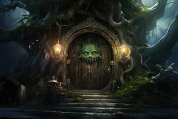 Mysterious portal, halloween magic door in the dark forest.