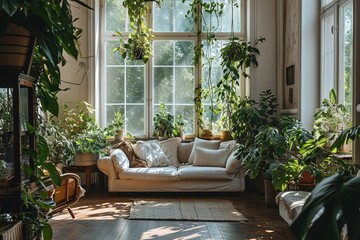 Fototapeta na wymiar White walled living room with sofas and plants.