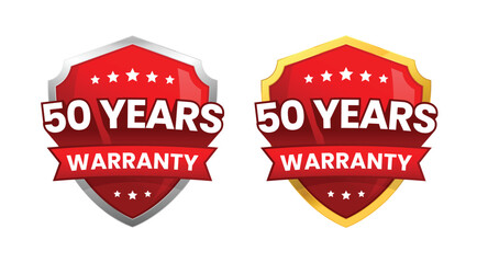 Obraz premium 50 years warranty label, logo, icon badge. minimalist shiny red gold silver shield. Vector design