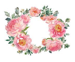 Watercolor wreath with pink flowers peonies. Spring composition isolated on white background