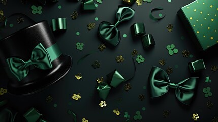 St Patrick's Day concept hat, gift boxes, gold decor background top view