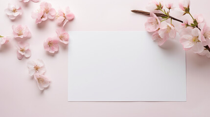 Blank paper card and cherry sakura flowers background. Holiday Valentine Easter greetings