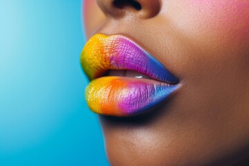 Colourful Rainbow Lipstick on Female Lips.
Close-up of female lips painted with vibrant rainbow colors.