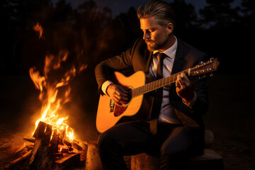Obraz premium A Successful Businessman Unwinding from Corporate Stress, Strumming a Guitar by the Warm Glow of a Campfire Underneath the Starlit Sky