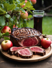 Dark red ribeye steak sunderneath apples