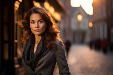 Fototapeta premium Elegant woman in her mid-thirties, wearing a graphite gray coat dress with a silver brooch, standing in a cobblestone street of an old European town, with the sun setting behind the antique buildings