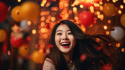 Asian woman celebrating new year eve on a blurred holiday background