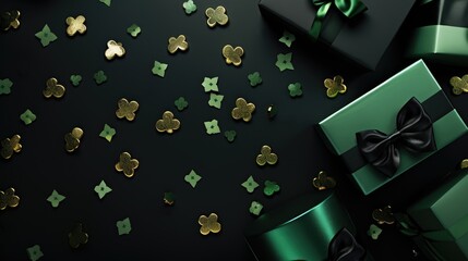 St Patrick's Day concept hat, gift boxes, gold decor background top view