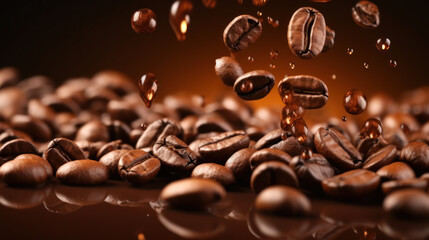 Floating roasted coffee beans cascading in the air with a rich brown background, creating an...