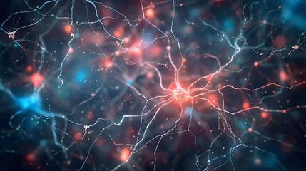Abstract background with lights 3d Rendered Neuron Network with Electrical Impulses Detailed Neuron Cell Structure with Glowing Connections