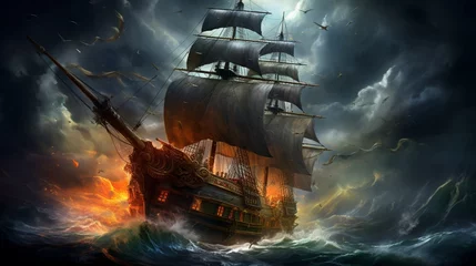 Fotobehang An ultra realistic scene of a ship in a storm - Generative AI © Huzaifa