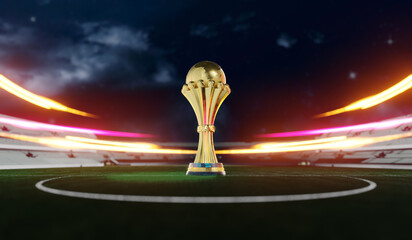 Golden winner s cup in the middle of a stadium 3d illustration - obrazy, fototapety, plakaty