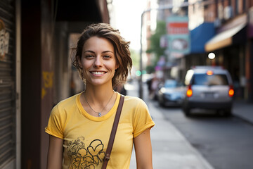 A radiant woman in her mid-thirties, donning a golden yellow tee, standing on a bustling city...