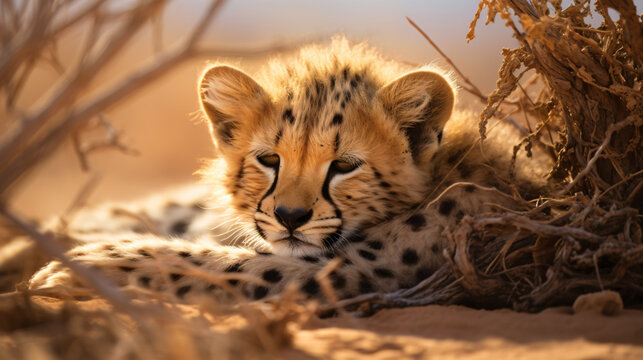 Young cheetah cub napping under a thorn tree