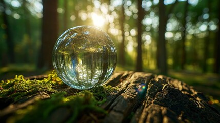 Environment conservation concept. Close up of glass globe in the forest    - obrazy, fototapety, plakaty