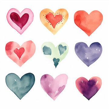 Set of watercolor hearts. Hand drawn vector illustration. Isolated on white background.