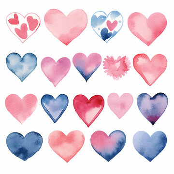 Set of watercolor hearts for Valentine's day. Vector illustration.