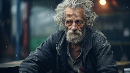 Morador de rua velho com barba grande - obrazy, fototapety, plakaty