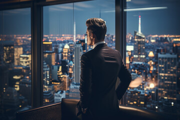 Fototapeta na wymiar A sophisticated gentleman in a tailored suit and a black and silver pocket square, thoughtfully gazing out a floor-to-ceiling window overlooking a bustling cityscape at dusk