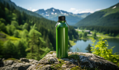 Reusable Green Water Bottle on a Rock in a Natural Mountain Setting, Symbolizing Eco-Friendly Hydration and Adventure Outdoors