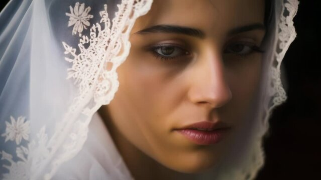 Young beautiful woman during church procession in Spanish city street. Closeup portrait