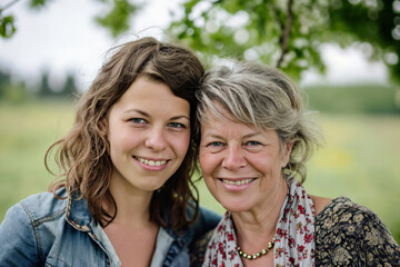 Portrait capturing mother and daughter against a soft-focus natural backdrop with lush greenery