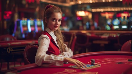 Portrait of a Female Croupier Looking at the Camera and  - obrazy, fototapety, plakaty