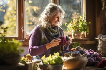 A serene afternoon captured, as a stout elderly woman with glasses knits a colorful sweater, surrounded by the tranquility of her quaint countryside home - obrazy, fototapety, plakaty