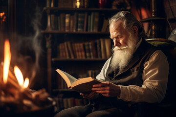 A distinguished mature gentleman with a white beard, wearing suspenders, sitting in a rustic chair while reading an old book in a vintage library with a warm glow from a nearby fireplace