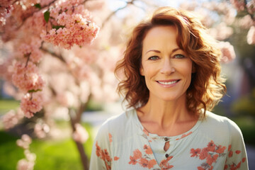 Fototapeta premium A Radiant Middle-Aged Woman with Freckles, Wearing a Beautiful A-Line Skirt, Smiling in a Vibrant Outdoor Setting with Blossoming Trees and a Sunny Blue Sky
