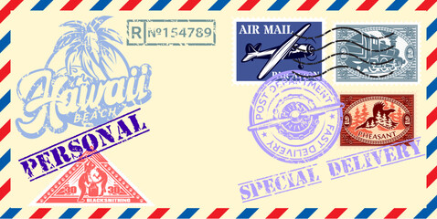 Vintage envelope with air mail letter and stamp set against yellow background. Decoration in retro style. Elements for design