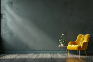 New yellow chair and small, decorative table standing in interior with grey wall