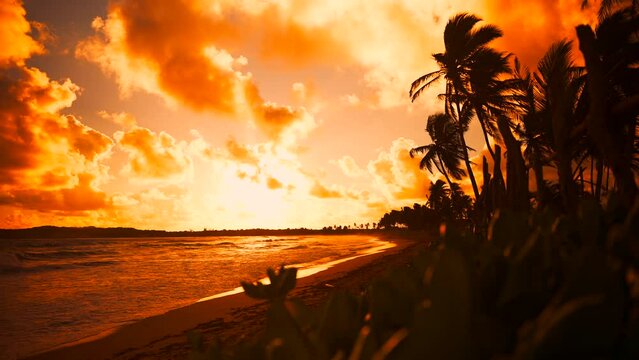 Beautiful red dawn on a wild beach. The silhouettes of palm trees on the shore. Amazing paradise tropical landscape with copy space