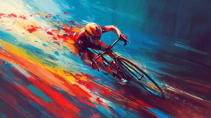 bicyclist in the middle of image with a focus on a dynamic stride, energy and motion, vibrant colors, abstract background