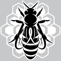 Stylish template in a simple style with a queen bee on a honeycomb. Design element for beekeeping product label