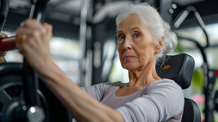 Fototapeta na wymiar Older Woman Exercising in Gym. Generative AI.