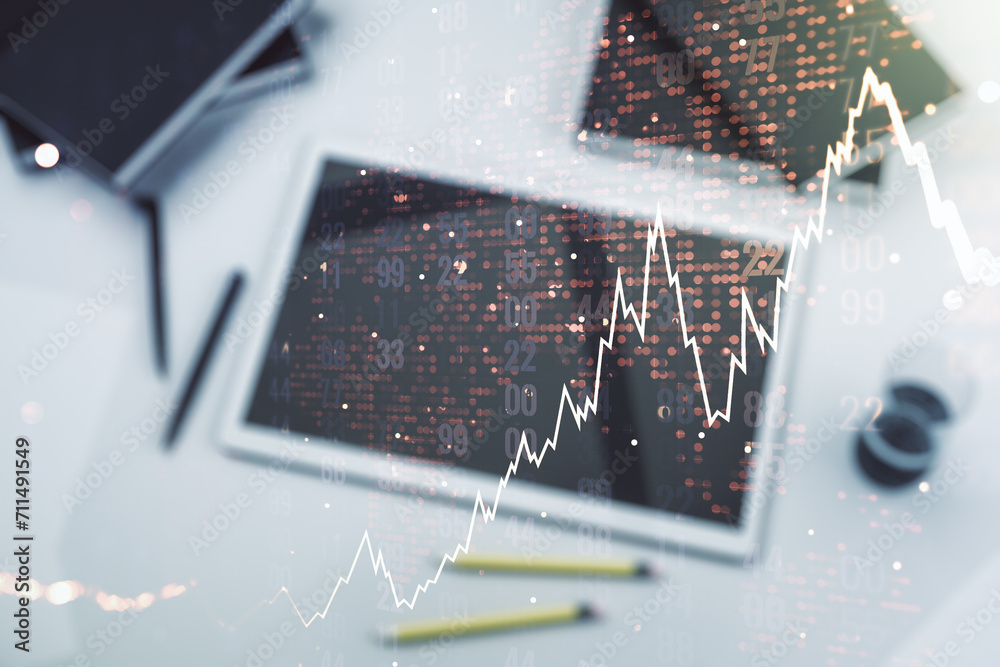 Poster multi exposure of abstract creative financial chart with world map and digital tablet on background,