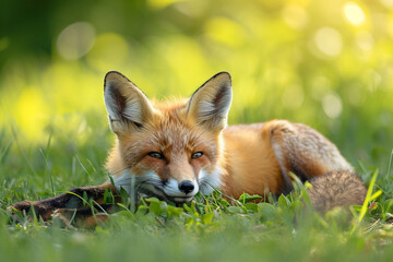 Fototapeta premium Young Red Fox Lying on the Grass in A Green Natural Background, ai technology