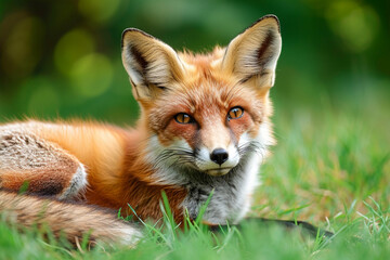 Fototapeta premium Young Red Fox Lying on the Grass in A Green Natural Background, ai technology