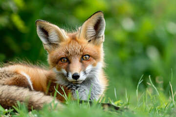 Young Red Fox Lying on the Grass in A Green Natural Background, ai technology