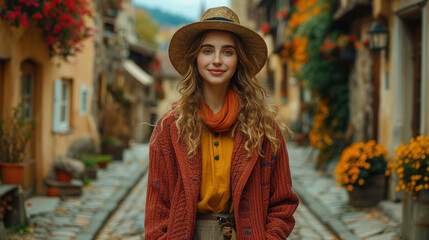 A European woman in a classic vintage outfit, strolling through a cobblestone street in an old town, capturing the timeless elegance of European fashion.