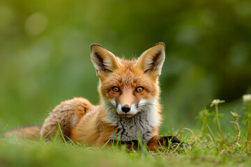 Obraz premium Young Red Fox Lying on the Grass in A Green Natural Background, ai technology
