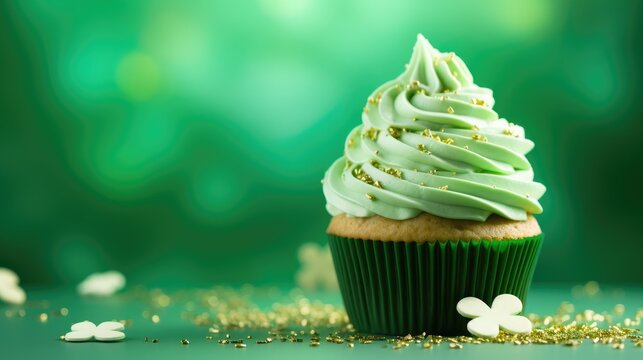 St. Patrick's Day cupcake with whipped cream decorated clover on green background. - Powered by Adobe