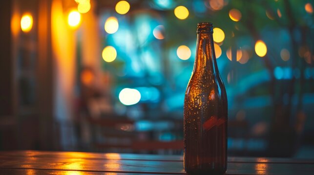 Glass bottle with a drink on a table on a blurred background.     