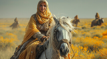 A Central Asian woman in traditional nomadic attire, riding on horseback across the expansive steppe, embodying the nomadic spirit and heritage.
