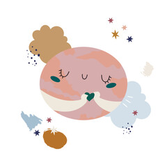 Cute Cosmic Set  with Doodle Meteorites and Planet. Collection of naive stellar stickers. Cosmic Scandinavian vector collection.