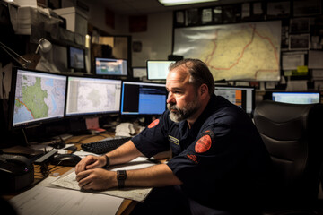 A Determined Disaster Response Coordinator, Strategically Planning Emergency Procedures Amidst a High-Tech Command Center, Reflecting the Intensity of His Crucial Role - obrazy, fototapety, plakaty