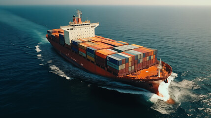 Aerial drone photo of industrial colourful vessel carrying heavy truck size containers